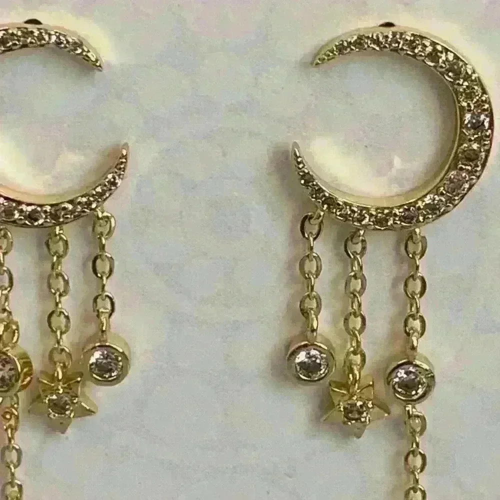 Crystal Dangle Moon Huggie Pendant Earrings - Picture 2 of 4